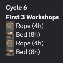 Cycle 6
First 3 Workshops
2 pictures of Rope, in parenthesis 4 hours, and 2 pictures of Bed, in parenthesis 8 hours, alternating respectively