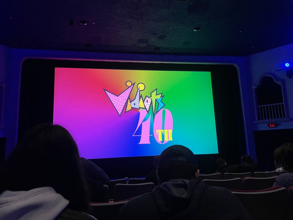 The movie screen at Vidiots, with their 40th Birthday logo