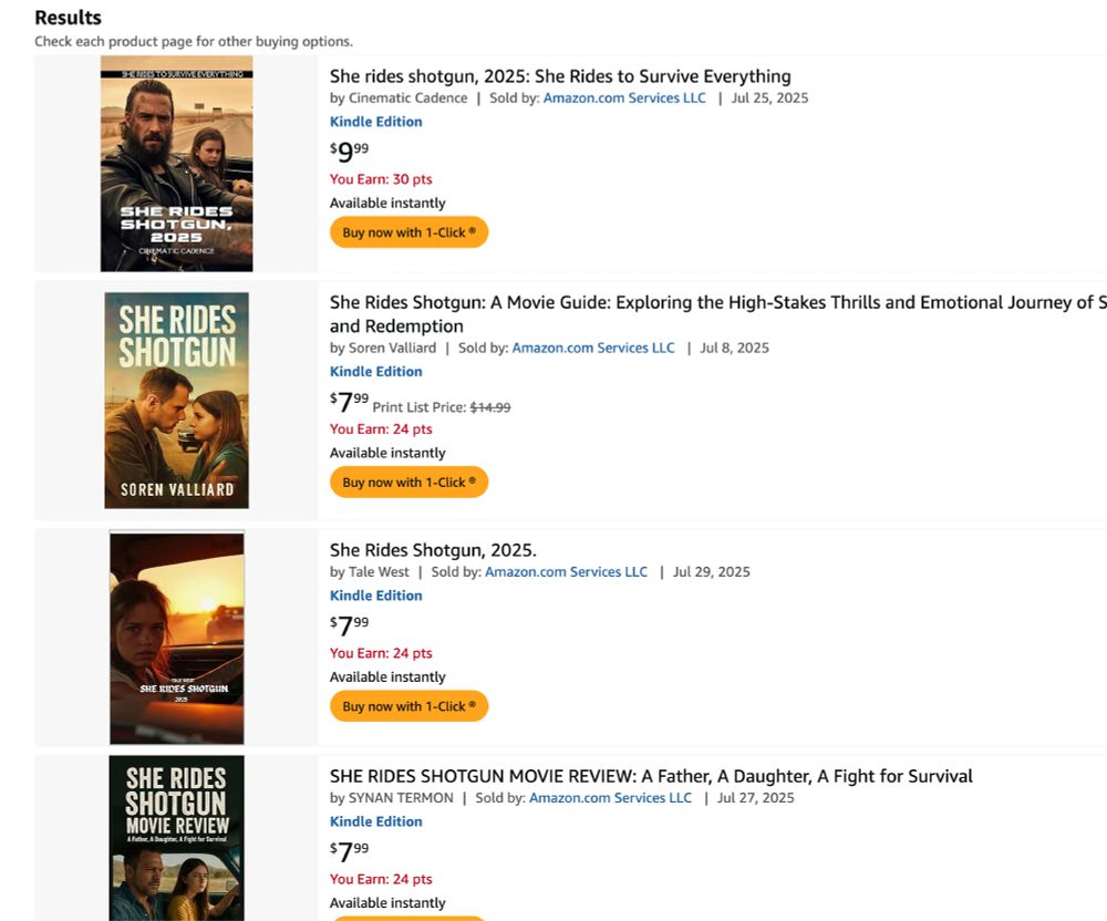A row of AI-generated covers for bootleg SHE RIDES SHOTGUN novels for sale on Amazon.