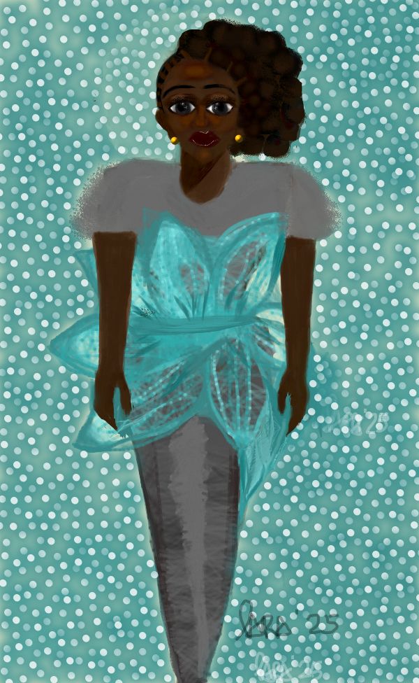 Portrait illustration, of Black woman wearing grey structured dress with a Teal bodice.  Afro hairstyle,  Abstract background.  Blue, teal, white glowing dots.  Dark cherry coloured lips. 
