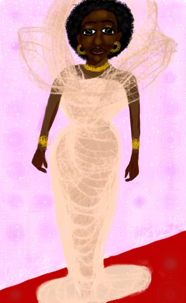 Portrait illustration, Black woman in beige/cream structured styled dress. Afrohair. Gold bracket, gold necklace, gold earings. Lilac abstract background, 
