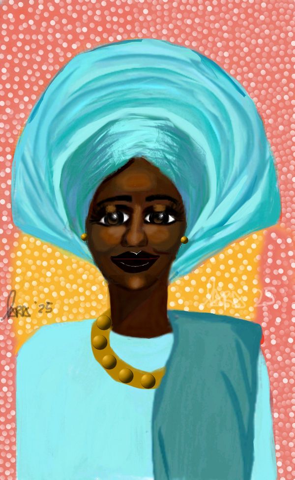 Portrait illustration, of Black woman wearing a traditional Yoruba outfit  headtie (Gele),  shawl (Pele), blouse ( buba) Dark Cherry coloured lips  Abstract background orange and yellow  fairy like sparkly dots. 
