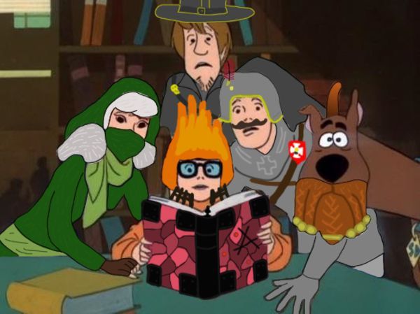 A meme edit with the cast of Scooby-Doo Doo edited slightly to be Vermintide's cast.  Daphne is Kerillian, Velma is Sienna, Shaggy is Saltzpyre, Fred is Markus and Bardin is just Scooby-Doo with a beard lol. 