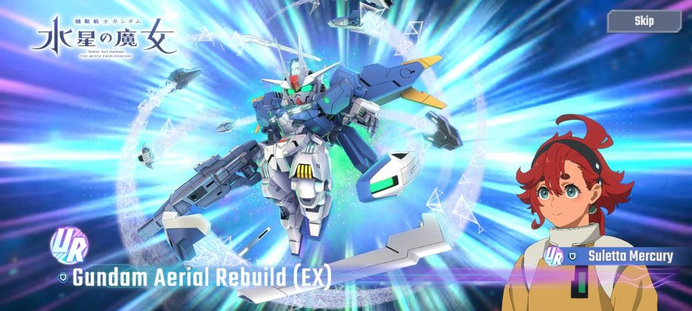Picture of Gundam Aerial Rebuild (EX) in the Gacha game SD Gundam G Generation with her striking a pose and Suletta there too.