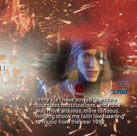 A screenshot from the video game Warframe's The Old Peace update. The character Lyon in the new Descendia Game Mode commenting on this week's current boss that is one of the Coda-infested from 1999. Hence he says, "In my life I have strived to endure countless mortifications and none was more arduous more tortuous nothing shook my faith like listening to music from the year 1999"