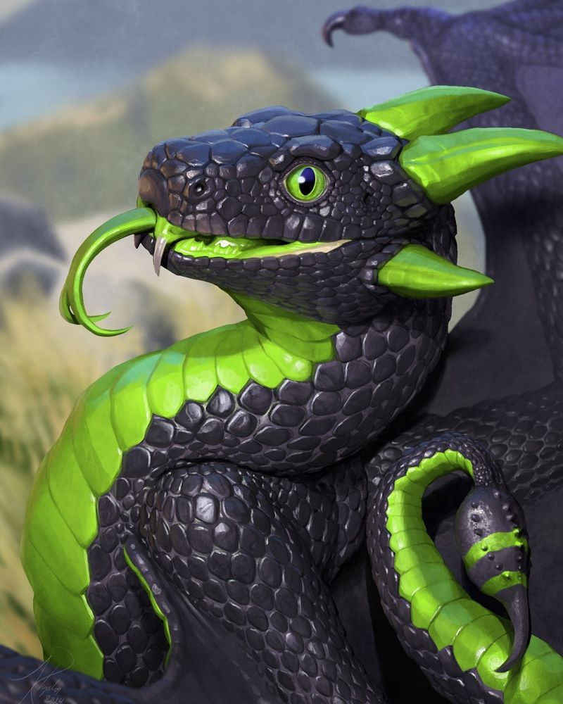 A small wyvern with black scales, lime-green belly plates and accents, and snakelike features sticks his tongue out while looking sidelong at the viewer. He has a stinger on his tail similar to that of a scorpion.