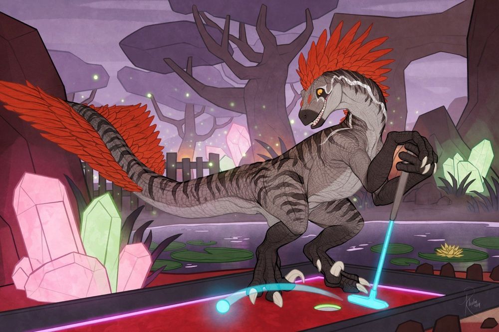 A grey scaly velociraptor with black stripes and a reddish-orange crest and tail plume of feathers awkwardly holds a putter and chips the ball clumsily away from the hole. The setting is a fantastical minigolf course with purple trees, red earth, and giant glowing crystals. There is a pond with lily pads behind the hole, and green fireflies in the near distance. 