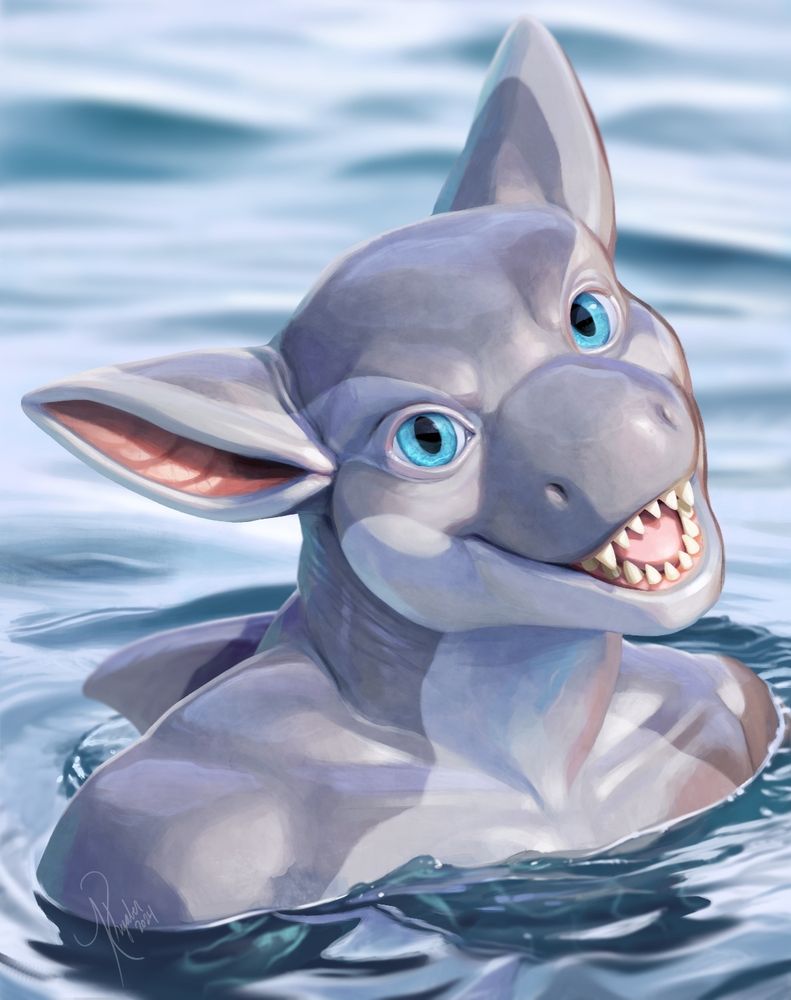 A grey and white shark/orca hybrid anthro is emerging from water from the shoulders up and smiling at the viewer.