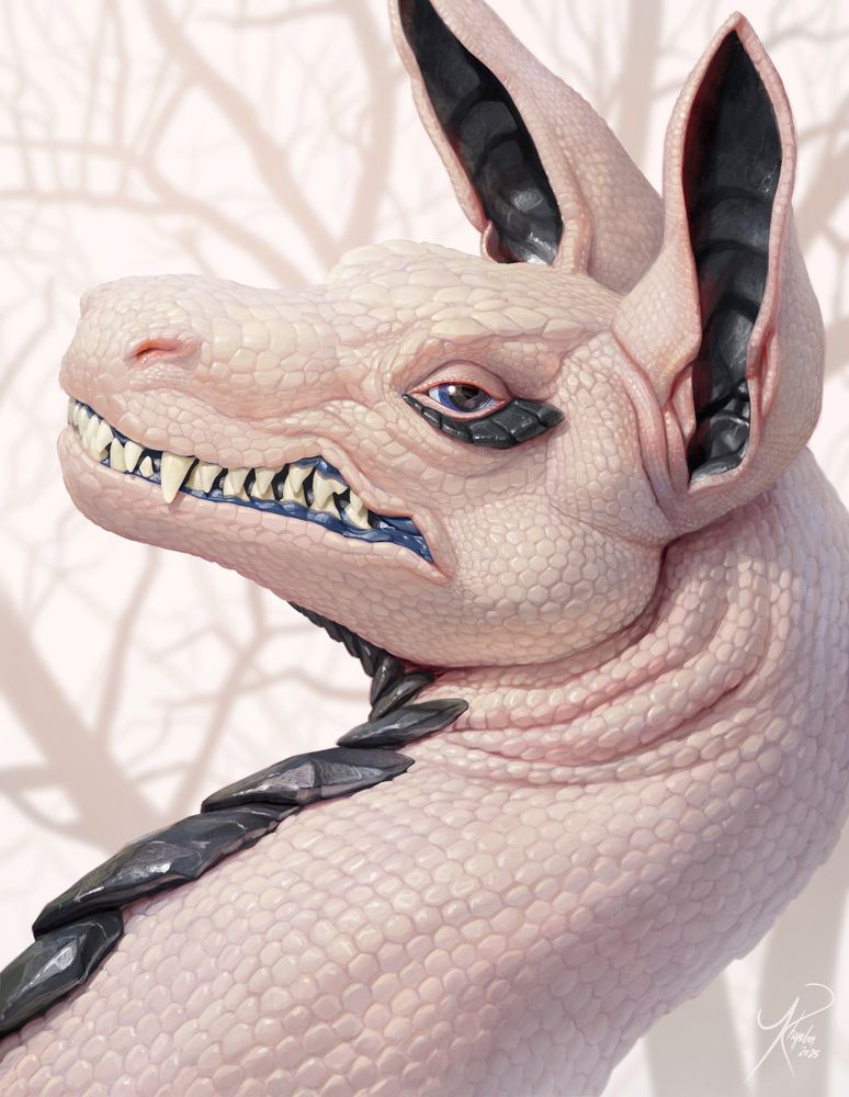 A portrait of a white dragon with a dog-like head looking back at the viewer and snarling