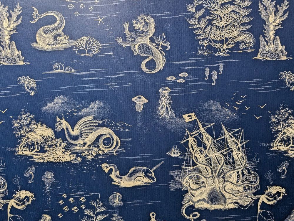 A kraken attacking a pirate ship and grabbing a mermaid's leg while a narwhal, some jellyfish, a hippogriff, and more stare on.