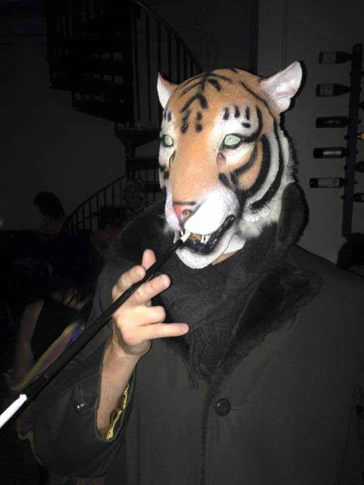 Sophisticated tiger person smoking a coggie