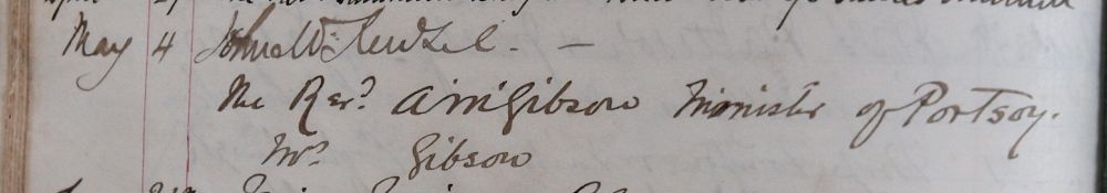 Extract from Innerpeffray Library Visitors' Book Volume 1, f.22v, showing the signatures of The Revd. A. M. Gibson, Minister of Portsoy, and "Mrs" Gibson.