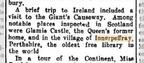 Further extract from newspaper article, "Miss C. Bardsley | Impressions of World Tour", The Central Queensland Herald, 04/11/1937. This section mentions that Bardsley visited Innerpeffray, "the oldest free library in the world."