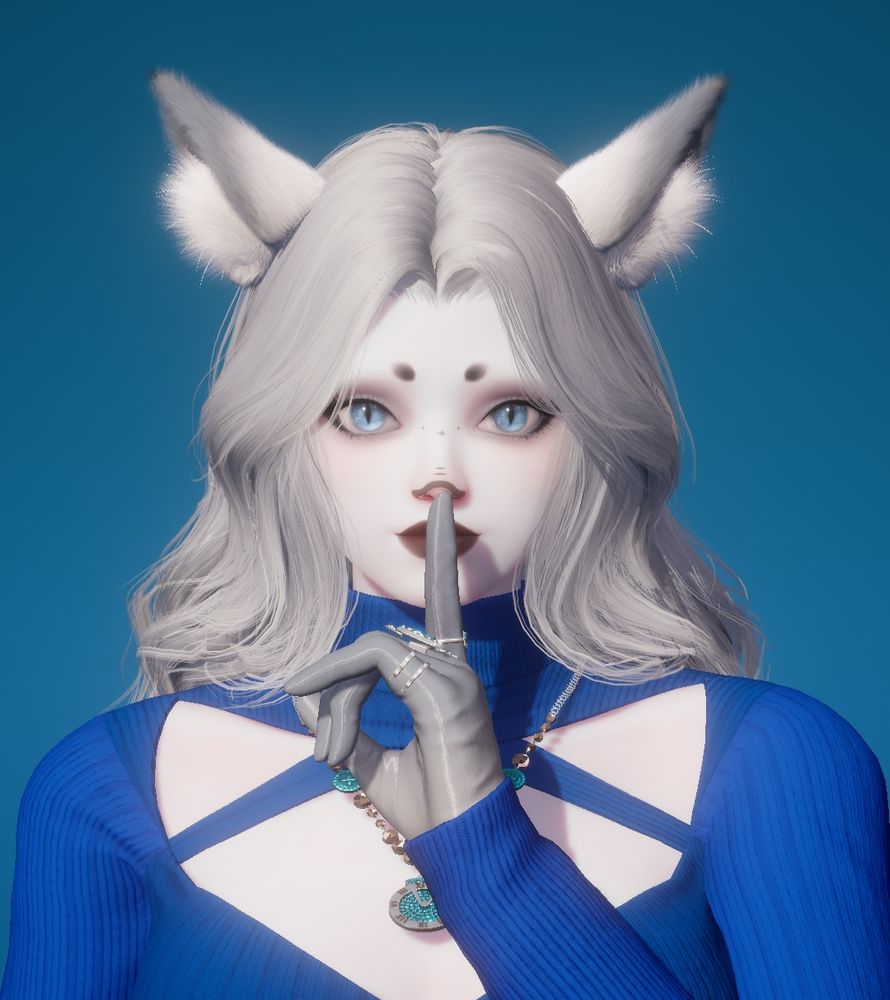art of Prrianna, a female with cat ears, nose, and eyes holds a finger to her mouth in a sushing motion