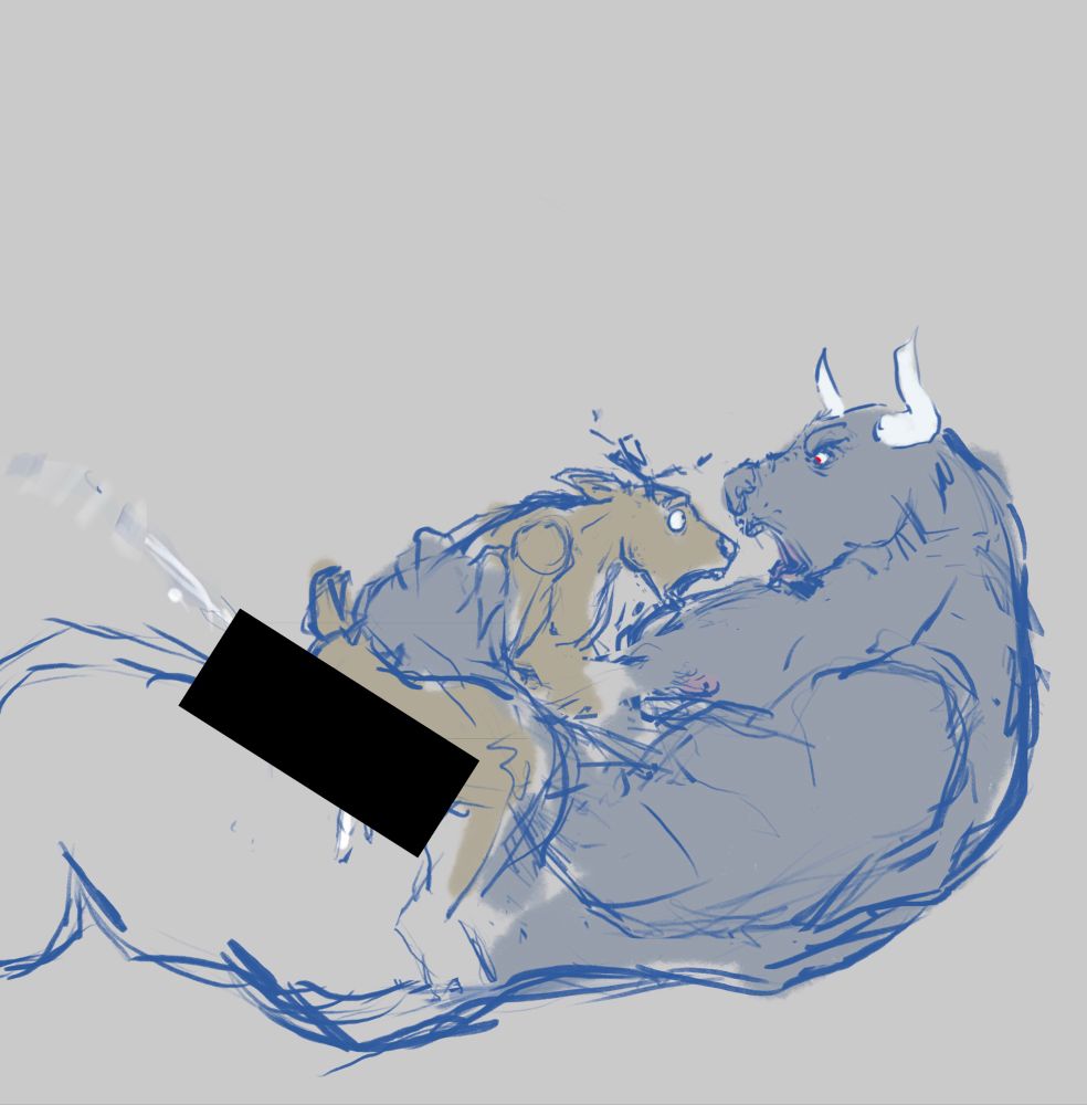 sketch of a deer getting his cheeks clapped by a large bull with censor bar 