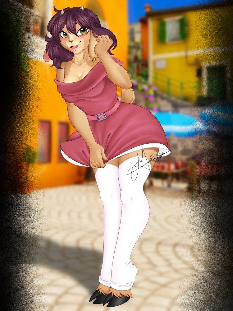 Diana greets you with, wearing a pink dress, ready to eat at Mama's Lucia restaurant