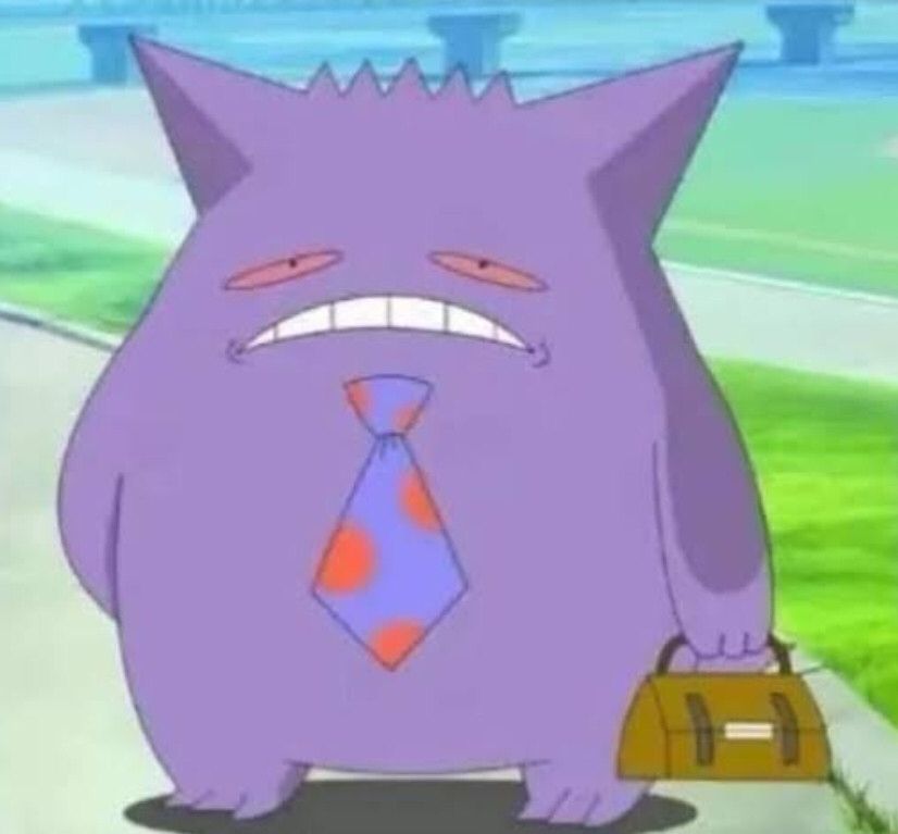 Pokémon Gengar de gravata e lancheira e expressão triste 
