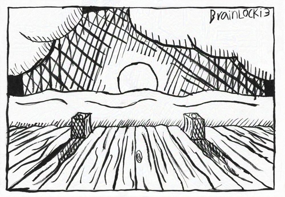 A cloudy sunrise on the horizon. There is a pier in the foreground.