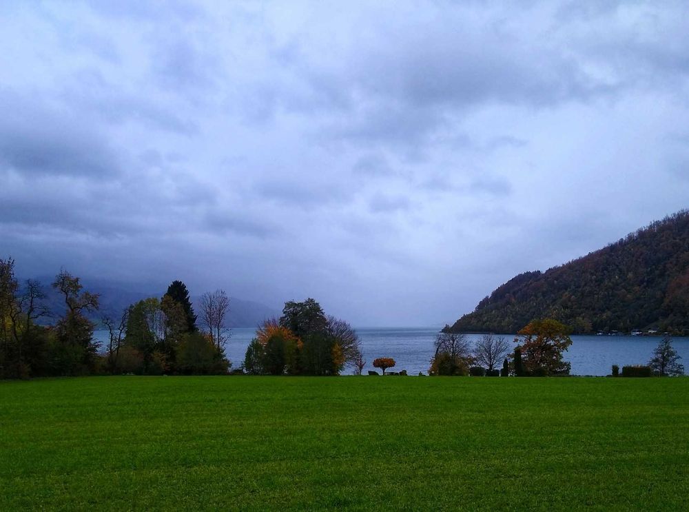 Der Attersee in Salzkammergut: vorne eine Wiese, im Hintergrund ein Streifen vom See, die gegenüber liegenden Berge sind vom Wolken und Regen verdeckt.