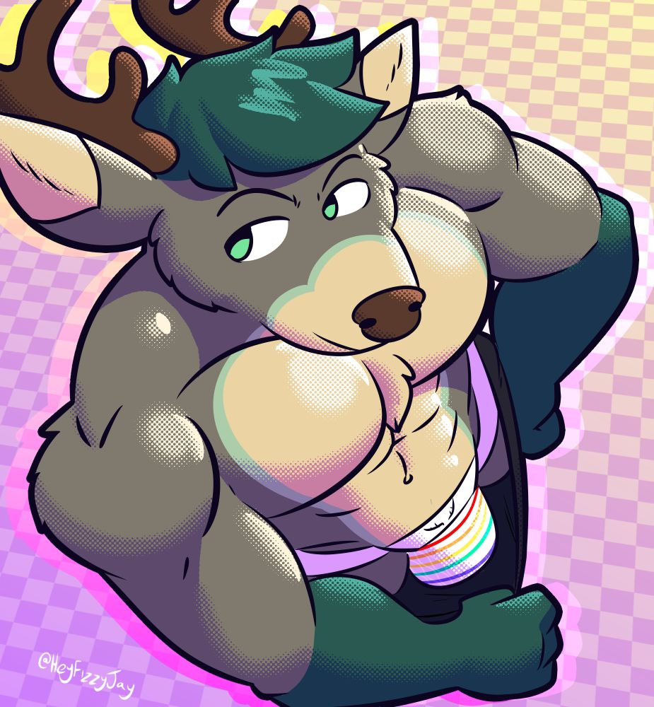 A green / grey deer is standing and holding the waistband of his shorts out.  The viewer is above him looking down, so we can see down the front of his shorts and see the rainbow colored jockstrap the deer is wearing.  
