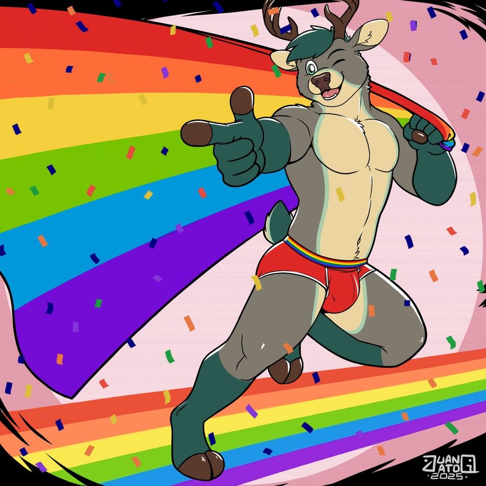 A green / grey deer in red briefs with a rainbow waistband.  He's running off to the right of the screen with a rainbow flag billowing out behind him.  With one hand he's pointing back towards the viewer.  