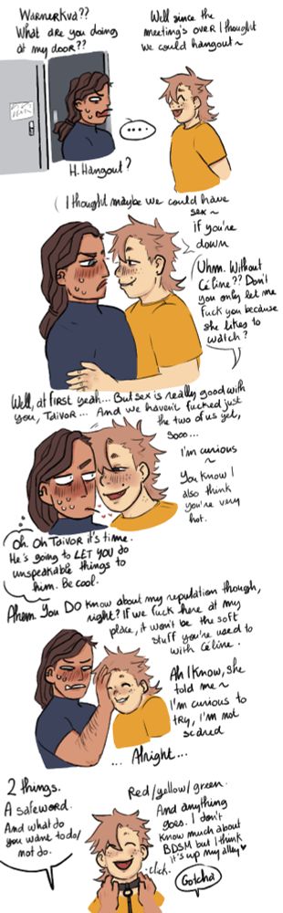 Setup for Warnerkva and Taivor having sex. Warkva goes to Taivor's house to have sex, Taivor tries as much as they can to contain their excitement to do harsh things to him. Before they do anything they ask him what his safewords are and what he want to do/ not do, while passing him a collar.