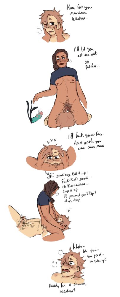 Riled up, Taivor decides to fuck Warkva's mouth with their cunt, riding his face while Warnerkva happily eat them out. Taivor tells him he can cum now and so Warkva starts jerking off, while Taivor rides his face. They then get so riled up they decide to release themself in his mouth, warning him beforehand. Warkva reacts with surprise but let them do, only to seemingly regret it, mouth full of cum and liquid, spitting it out.