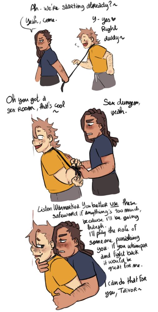 2nd part of the setup, Taivor drags Warnerkva into his sex dungeon by his leash. He ties up his arm behind his arms with the leash and warns him to use his safewords if anything is too much, as they plan to not hold back since Warnerkva said "anything goes". They tell him they'll be punishing him and want him to fight back and whimper, Warnerkva is down.