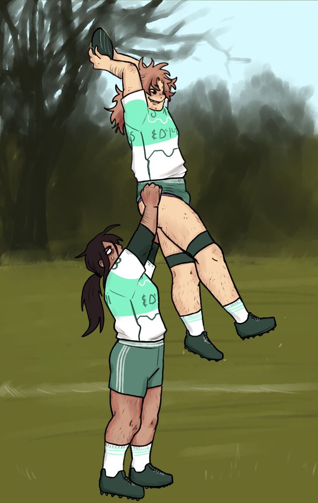 A redraw of a photo of two rugby player practicing lifting each other to catch the ball. Here Lud lifts up Warkva high up by his shorts, so much so that he's bare cheek. He just caught the ball with a smug expression on his face.