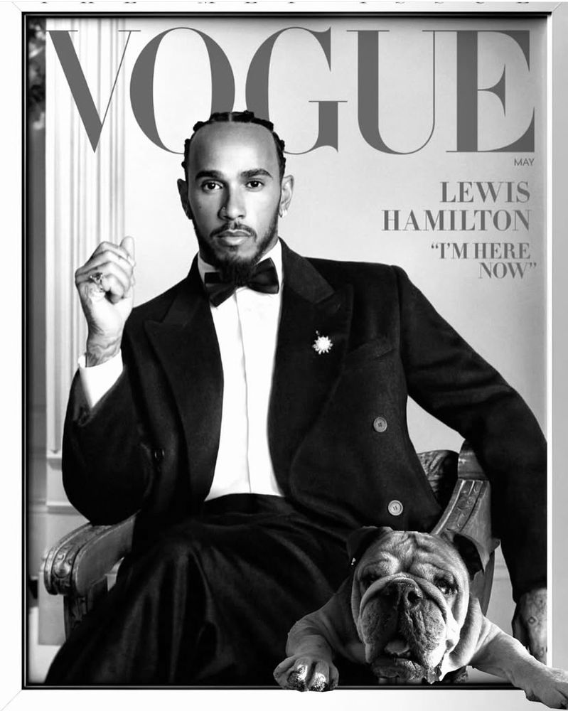 photo of black and white vogue cover featuring Lewis Hamilton. His English bulldog, roscoe hamilton, is photoshopped onto the cover on the bottom right hand corner.