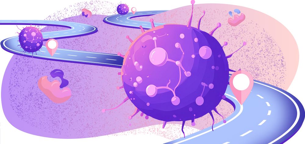 Illustration of cancer cells along a road with location markers next to each cell to represent the cancer "atlas" Gabe Kwong and his collaborators are building.