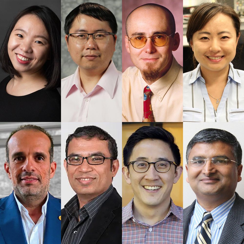 A grid of headshots of the 8 College of Engineering Faculty Awards winners: Fan Zhang, Shimeng Yu, François Guillot, and Ellen Mazumdar in the top row; Ghassan AlRegib, Rampi Ramprasad, Gabe Kwong, and Jaydev Desai in the bottom row.