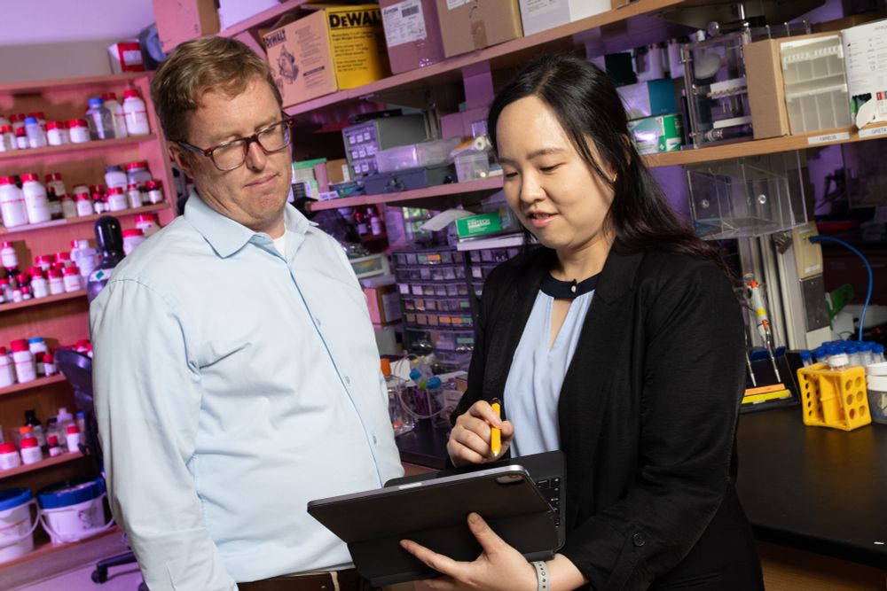 Brandon Dixon and Shao-Yun Hsu discuss data on a tablet computer related to their work improving lymph node transplant surgery.