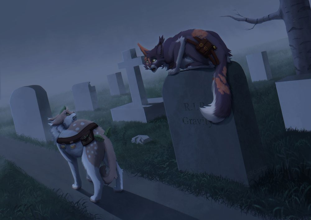 A digital drawing of two cats in a gloomy graveyard. One cat is light brown and white and wearing a satchel on their back, the cat looks scared with its tail between its legs. The other cat is crouched on a tombstone and looks surprised.