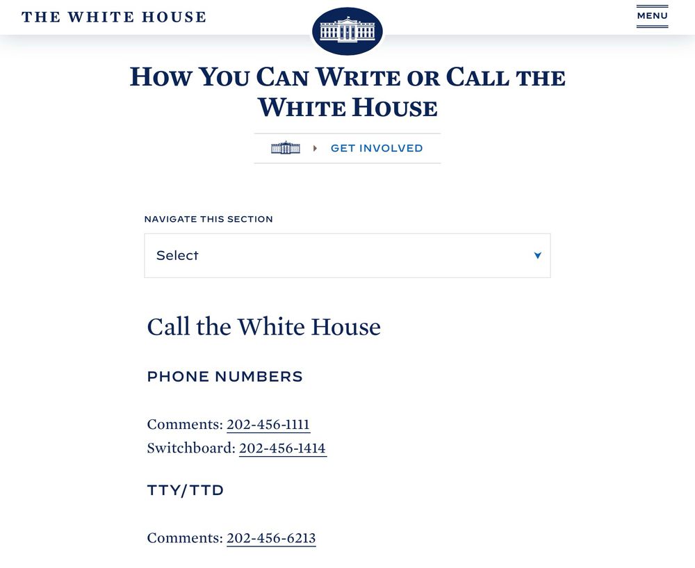 Image of website page of phone numbers of White House contact numbers for representatives and comments. 