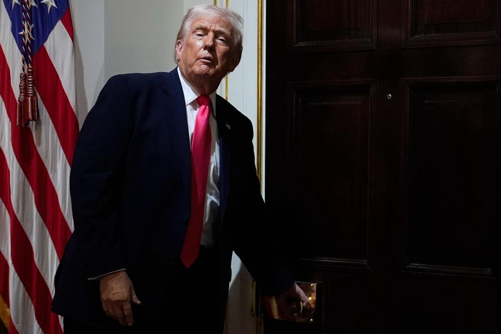 Trump pictured looking tired, his mouth distorted in an unnatural grimace, his clothes disheveled, his skin a strange shade of orange, looking frail & unbalanced, reaching for a doorknob to leave the cabinet meeting where sycophants fawned and lied about the great job he was doing. 