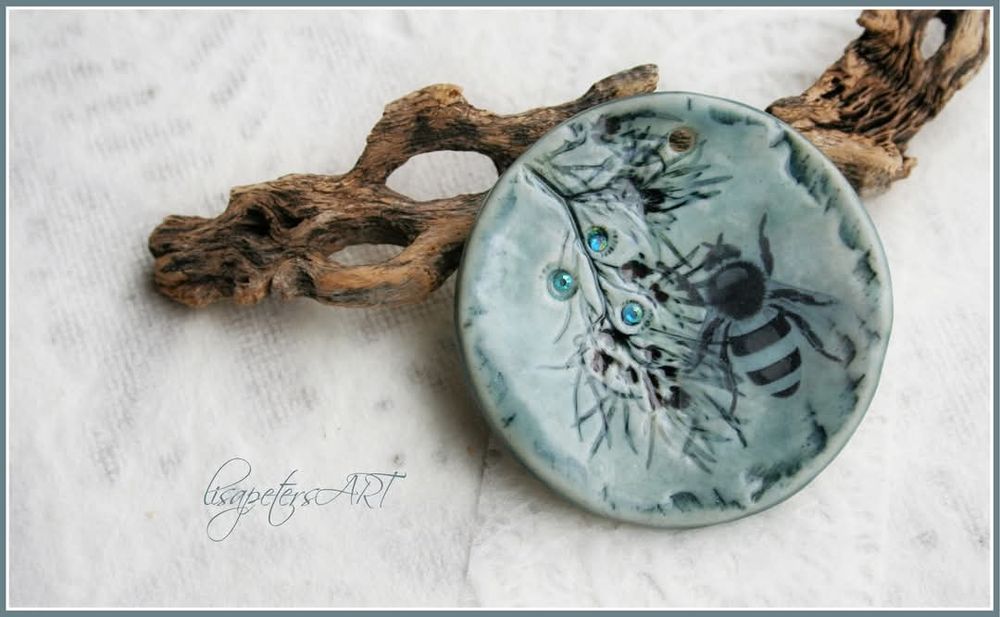 Blue celadon Pendant with Blue Bee & Crystals 
