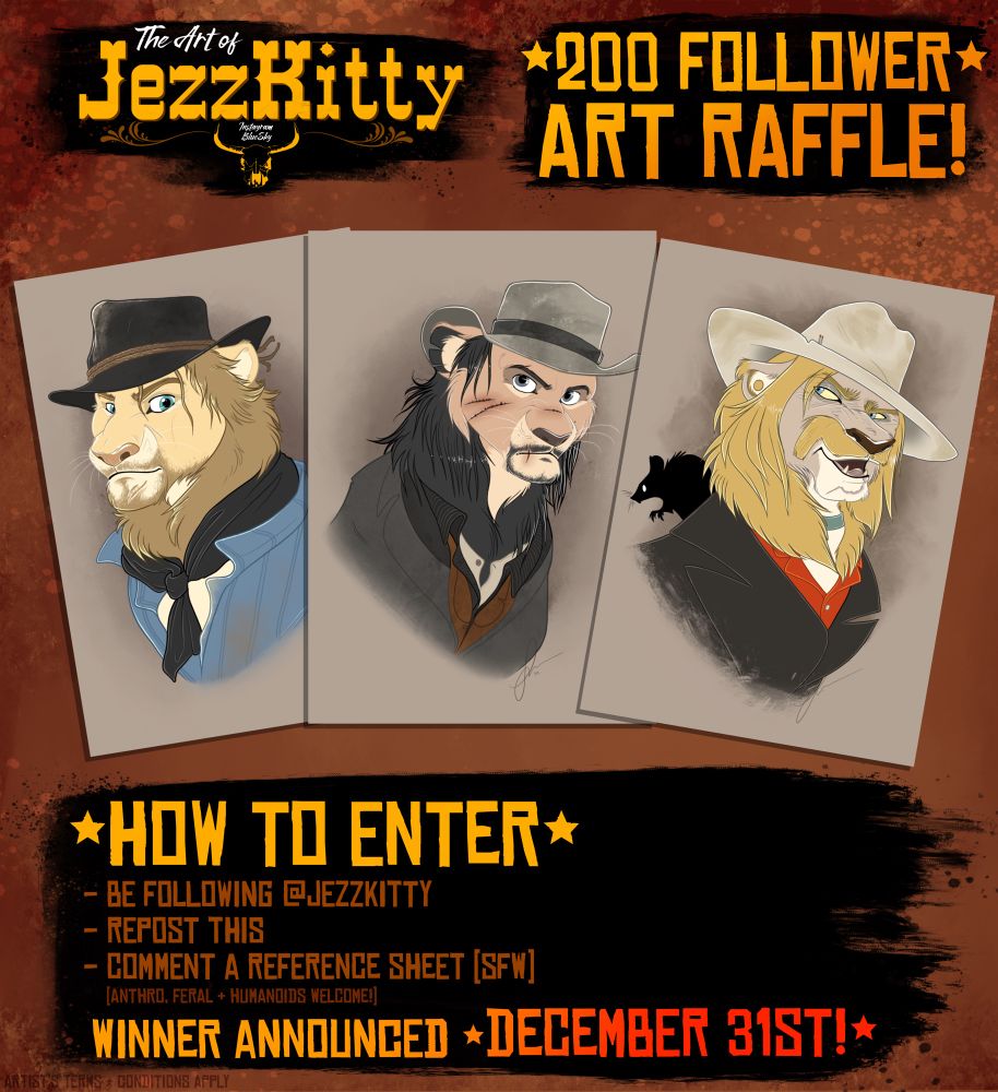 Picture of an art raffle hosted by @jezzkitty. Winner wins a FREE headshot, like the references shown.

TEXT:

*HOW TO ENTER*

- Be following @jezzkitty 
- Repost this
- Comment a Reference Sheet (SFW)
  (Anthro, feral + humanoids welcome!)

WINNER ANNOUNCED *DECEMBER 31ST!*