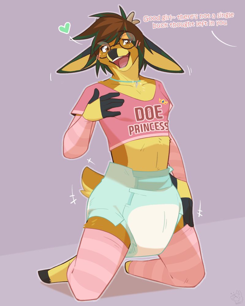 Buck anthro now with more feminine features, small antlers and happy look on face. The character is wearing a pink crop top labeled "Doe Princess", pink arm and leg stockings, a diaper, is blushing while text reads "Good girl. There's not a single buck thought left in you"