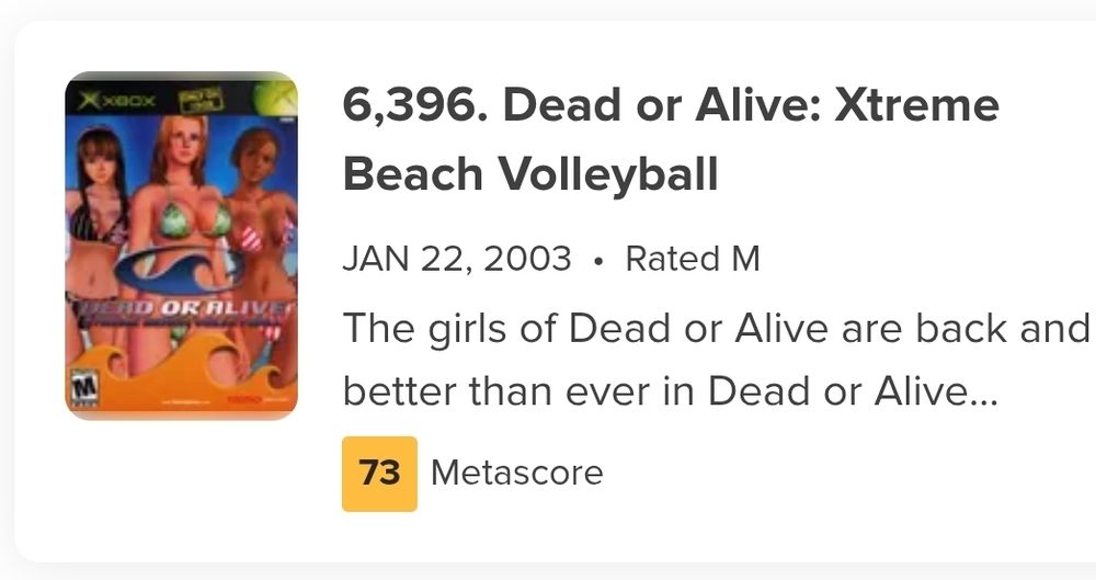 Dead or Alive Xtreme Beach Volleyball, metacritic score 73
