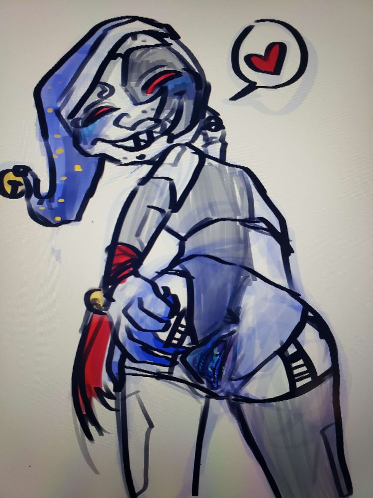 Moon FNAF bends over with his ass to the viewer, nude save for his ribbons and hat. He mischeviously smiles at them over his shoulder and uses two fingers to spread his labia majora.

A speech bubble with a red heart hovers above him.