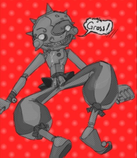 A low resolution greyscale drawing of Sun FNaF on a bright red background. Sun reclines with its legs spread awkwardly, bracing itself on its hands/elbows behind it. It stares down at a mess of cum dribbling down its chest and the front of its pants. The cum is starting to soak into the crotch of its pants, darkening parts of the fabric. 

Sun grumbles, "Uurgh... Gross!"