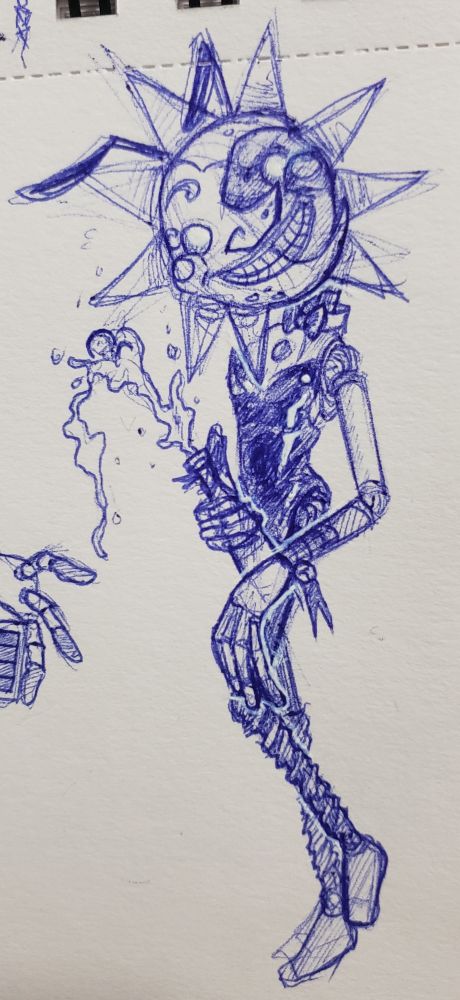 Sun FNaF dressed in an ill-fitting latex bunny bodysuit. They hold a champagne bottle in front of their groin as it bursts, spraying foamy alcohol all over the place. They cock their head at the viewer coyly.
