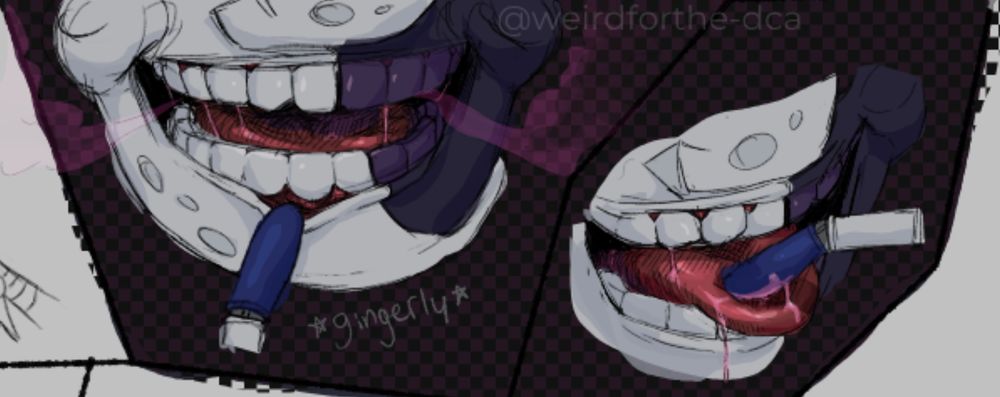 A colored close-up of the following scene from the previous image:

Moon gingerly traces a digit along the incubus' lower lip. It pulls slightly, revealing shining dark red gums. Moon observes the strings of saliva stretching from its wide, flat tongue to its stragely blunt square teeth. The incubus exhales slowly, a rich pink smoke flowing out.

Moon dares to venture a bit further, pressing its finger against the incubus' tongue. It lolls from its mouth to allow more access. Pink saliva sticks to Moon's finger and slowly drools off the creature's tongue.