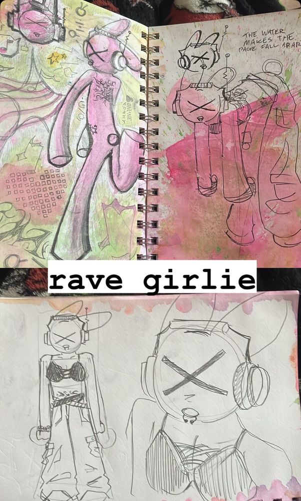 3 water colour and pencil sketches of a simplified and stylised version of the bunny from the post this is replying to