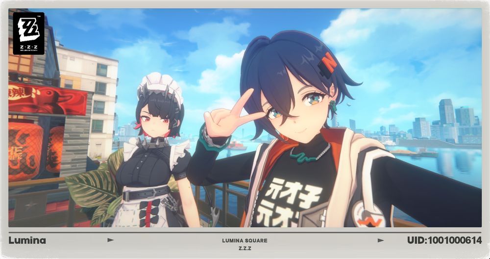 Picture from the game Zenless Zone Zero. The characters Belle and Ellen Joe are taking a selfie together. Belle is holding up a peace sign. 
