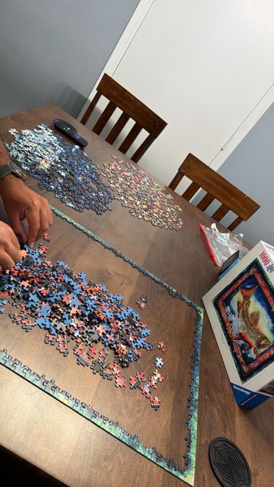 The border’s completed of a puzzle in a brown kitchen table. The puzzle box is displayed showing the art of a colorful salmon hooked, splashing framed by fish & dragonflies 