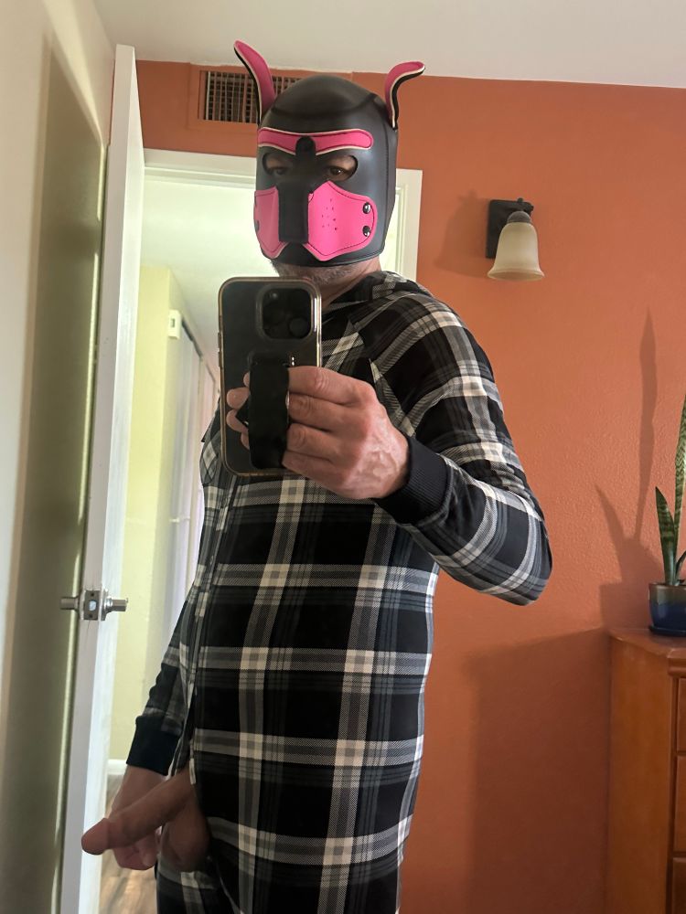 A pup in a union suit with his cock out. 