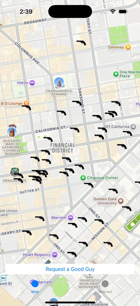 Apple Maps view of downtown San Francisco with lots of little gun markers overlaid.