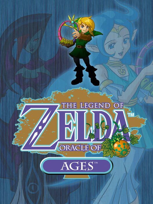 A promotional image for "The Legend of Zelda: Oracle of Ages." In the center of the image is the game's title, and above it is Link, the protagonist of the Zelda series, wielding one of the game's key items, the Harp of Ages. Faintly in the background, two more characters can be seen; on the right is Nayru, the titular Oracle of Ages. On the left in Veran, the main antagonist of the game. 